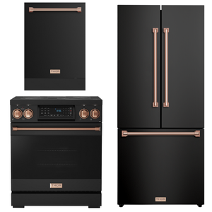 Gordon Ramsay by THOR Kitchen Package - 30" Electric Range, 30" Refrigerator with Ice Maker and Dishwasher in Black Matte with Rose Gold Accents, AP-RSE30B-RSG-1