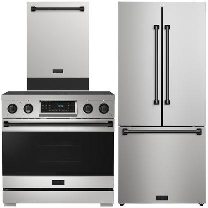 Gordon Ramsay by THOR Kitchen Package - 36" Electric Range, 30" Refrigerator with Ice Maker and Dishwasher in Stainless Steel with Black Accents, AP-RSE36-BLK-1