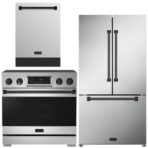 Gordon Ramsay by THOR Kitchen Package - 36" Electric Range, 36" Refrigerator with Ice Maker and Dishwasher in Stainless Steel with Black Accents, AP-RSE36-BLK-2