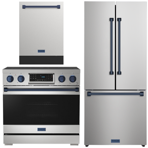 Gordon Ramsay by THOR Kitchen Package - 36" Electric Range, 30" Refrigerator with Ice Maker and Dishwasher in Stainless Steel with Navy Blue Accents, AP-RSE36-BLU-1