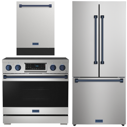 Gordon Ramsay by THOR Kitchen Package - 36" Electric Range, 30" Refrigerator with Ice Maker and Dishwasher in Stainless Steel with Navy Blue Accents, AP-RSE36-BLU-1