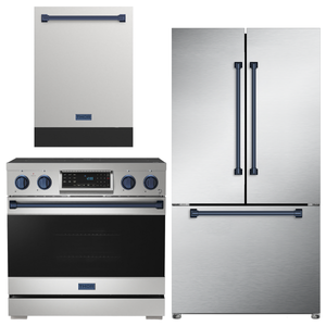 Gordon Ramsay by THOR Kitchen Package - 36" Electric Range, 36" Refrigerator with Ice Maker and Dishwasher in Stainless Steel with Navy Blue Accents, AP-RSE36-BLU-2