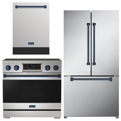 Gordon Ramsay by THOR Kitchen Package - 36" Electric Range, 36" Refrigerator with Ice Maker and Dishwasher in Stainless Steel with Navy Blue Accents, AP-RSE36-BLU-2