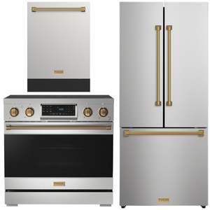 Gordon Ramsay by THOR Kitchen Package - 36" Electric Range, 30" Refrigerator with Ice Maker and Dishwasher in Stainless Steel with Bronze Accents, AP-RSE36-BRZ-1