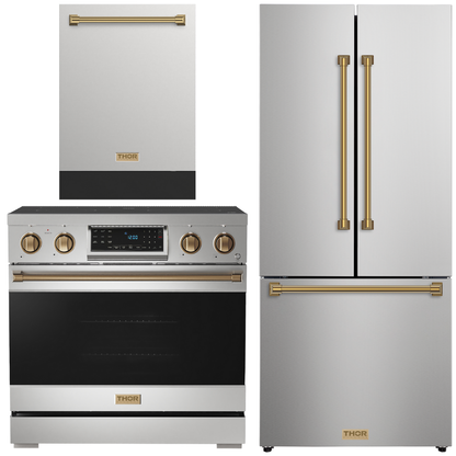Gordon Ramsay by THOR Kitchen Package - 36" Electric Range, 30" Refrigerator with Ice Maker and Dishwasher in Stainless Steel with Bronze Accents, AP-RSE36-BRZ-1