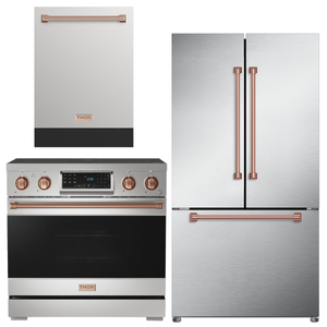 Gordon Ramsay by THOR Kitchen Package - 36" Electric Range, 36" Refrigerator with Ice Maker and Dishwasher in Stainless Steel with Rose Gold Accents, AP-RSE36-RSG-2