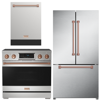 Gordon Ramsay by THOR Kitchen Package - 36" Electric Range, 36" Refrigerator with Ice Maker and Dishwasher in Stainless Steel with Rose Gold Accents, AP-RSE36-RSG-2