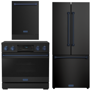 Gordon Ramsay by THOR Kitchen Package - 36" Electric Range, 30" Refrigerator with Ice Maker and Dishwasher in Black Matte with Navy Blue Accents, AP-RSE36B-BLU-1