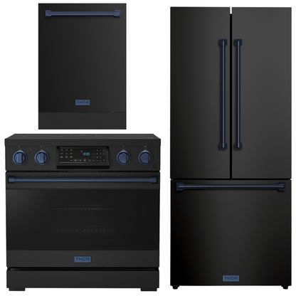 Gordon Ramsay by THOR Kitchen Package - 36" Electric Range, 30" Refrigerator with Ice Maker and Dishwasher in Black Matte with Navy Blue Accents, AP-RSE36B-BLU-1