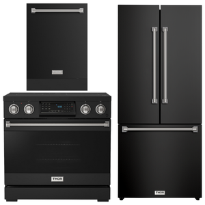 Gordon Ramsay by THOR Kitchen Package - 36" Electric Range, 30" Refrigerator with Ice Maker and Dishwasher in Black Matte with Stainless Steel Accents, AP-RSE36B-SS-1