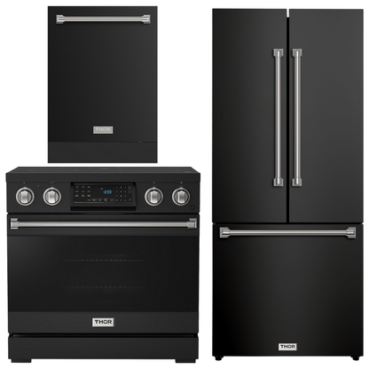 Gordon Ramsay by THOR Kitchen Package - 36" Electric Range, 30" Refrigerator with Ice Maker and Dishwasher in Black Matte with Stainless Steel Accents, AP-RSE36B-SS-1