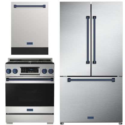 Gordon Ramsay by THOR Kitchen Package - 30" Gas Range, 36" Refrigerator with Ice Maker and Dishwasher in Stainless Steel with Navy Blue Accents, AP-RSG30-BLU-2
