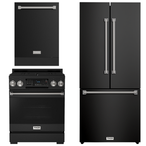 Gordon Ramsay by THOR Kitchen Package - 30" Gas Range, 30" Refrigerator with Ice Maker and Dishwasher in Black Matte with Stainless Steel Accents, AP-RSG30B-SS-1