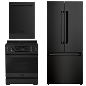 Gordon Ramsay by THOR Kitchen Package - 30" Gas Range, 30" Refrigerator with Ice Maker and Dishwasher in Black Matte with Black Accents, AP-RSG30BLP-1