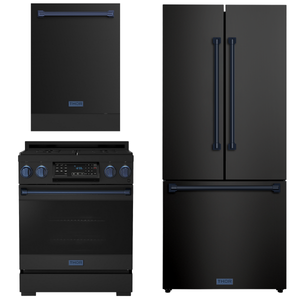 Gordon Ramsay by THOR Kitchen Package - 30" Gas Range, 30" Refrigerator with Ice Maker and Dishwasher in Black Matte with Navy Blue Accents, AP-RSG30BLP-BLU-1
