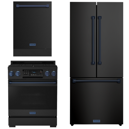 Gordon Ramsay by THOR Kitchen Package - 30" Gas Range, 30" Refrigerator with Ice Maker and Dishwasher in Black Matte with Navy Blue Accents, AP-RSG30BLP-BLU-1