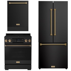 Gordon Ramsay by THOR Kitchen Package - 30" Gas Range, 30" Refrigerator with Ice Maker and Dishwasher in Black Matte with Bronze Accents, AP-RSG30BLP-BRZ-1