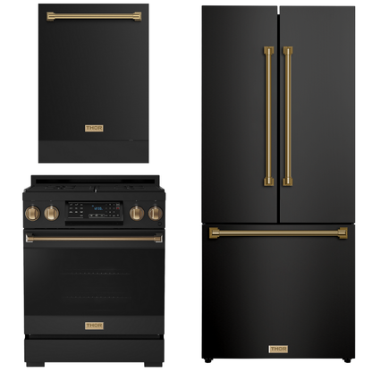Gordon Ramsay by THOR Kitchen Package - 30" Gas Range, 30" Refrigerator with Ice Maker and Dishwasher in Black Matte with Bronze Accents, AP-RSG30BLP-BRZ-1