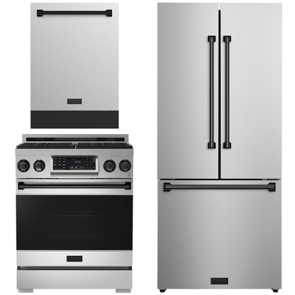 Gordon Ramsay by THOR Kitchen Package - 30" Gas Range, 30" Refrigerator with Ice Maker and Dishwasher in Stainless Steel with Black Accents, AP-RSG30LP-BLK-1
