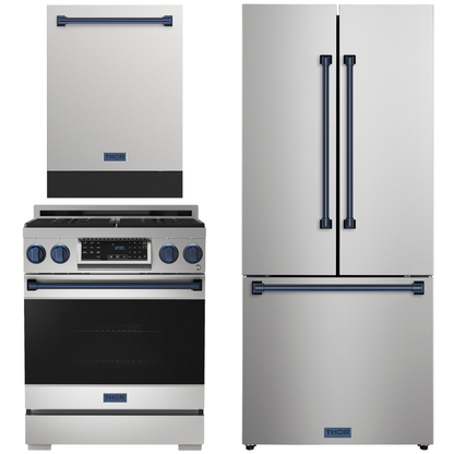 Gordon Ramsay by THOR Kitchen Package - 30" Gas Range, 30" Refrigerator with Ice Maker and Dishwasher in Stainless Steel with Navy Blue Accents, AP-RSG30LP-BLU-1