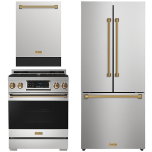 Gordon Ramsay by THOR Kitchen Package - 30" Gas Range, 30" Refrigerator with Ice Maker and Dishwasher in Stainless Steel with Bronze Accents, AP-RSG30LP-BRZ-1