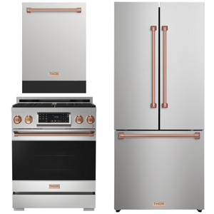 Gordon Ramsay by THOR Kitchen Package - 30" Gas Range, 30" Refrigerator with Ice Maker and Dishwasher in Stainless Steel with Rose Gold Accents, AP-RSG30LP-RSG-1