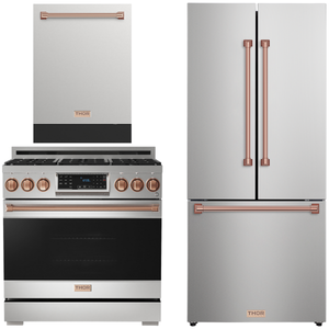 Gordon Ramsay by THOR Kitchen Package - 36" Gas Range, 30" Refrigerator with Ice Maker and Dishwasher in Stainless Steel with Rose Gold Accents, AP-RSG36-RSG-1