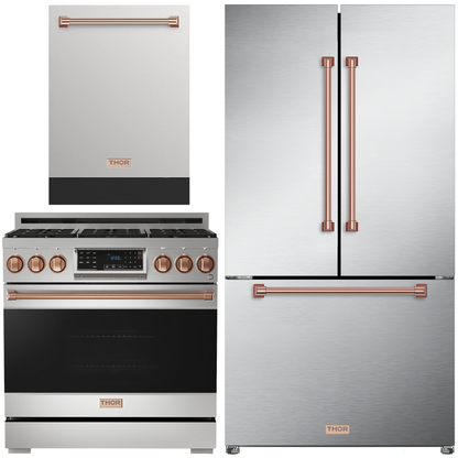Gordon Ramsay by THOR Kitchen Package - 36" Gas Range, 36" Refrigerator with Ice Maker and Dishwasher in Stainless Steel with Rose Gold Accents, AP-RSG36-RSG-2
