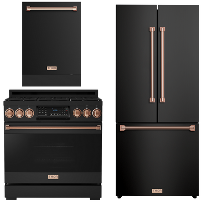 Gordon Ramsay by THOR Kitchen Package - 36" Gas Range, 30" Refrigerator with Ice Maker and Dishwasher in Black Matte with Rose Gold Accents, AP-RSG36B-RSG-1