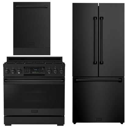 Gordon Ramsay by THOR Kitchen Package - 36" Gas Range, 30" Refrigerator with Ice Maker and Dishwasher in Black Matte with Black Accents, AP-RSG36BLP-1