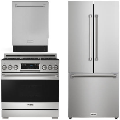 Gordon Ramsay by THOR Kitchen Package - 36" Gas Range, 30" Refrigerator with Ice Maker and Dishwasher in Stainless Steel, AP-RSG36LP-1