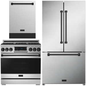 Gordon Ramsay by THOR Kitchen Package - 36" Gas Range, 36" Refrigerator with Ice Maker and Dishwasher in Stainless Steel with Black Accents, AP-RSG36-BLK-2