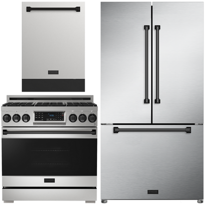 Gordon Ramsay by THOR Kitchen Package - 36" Gas Range, 36" Refrigerator with Ice Maker and Dishwasher in Stainless Steel with Black Accents, AP-RSG36-BLK-2