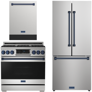 Gordon Ramsay by THOR Kitchen Package - 36" Gas Range, 30" Refrigerator with Ice Maker and Dishwasher in Stainless Steel with Navy Blue Accents, AP-RSG36LP-BLU-1