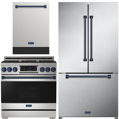 Gordon Ramsay by THOR Kitchen Package - 36" Gas Range, 36" Refrigerator with Ice Maker and Dishwasher in Stainless Steel with Navy Blue Accents, AP-RSG36LP-BLU-2