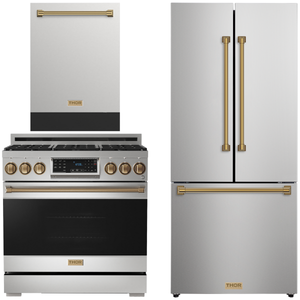 Gordon Ramsay by THOR Kitchen Package - 36" Gas Range, 30" Refrigerator with Ice Maker and Dishwasher in Stainless Steel with Bronze Accents, AP-RSG36LP-BRZ-1