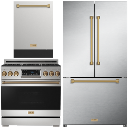Gordon Ramsay by THOR Kitchen Package - 36" Gas Range, 36" Refrigerator with Ice Maker and Dishwasher in Stainless Steel with Bronze Accents, AP-RSG36LP-BRZ-2