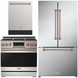 Gordon Ramsay by THOR Kitchen Package - 36" Gas Range, 36" Refrigerator with Ice Maker and Dishwasher in Stainless Steel with Rose Gold Accents, AP-RSG36LP-RSG-2