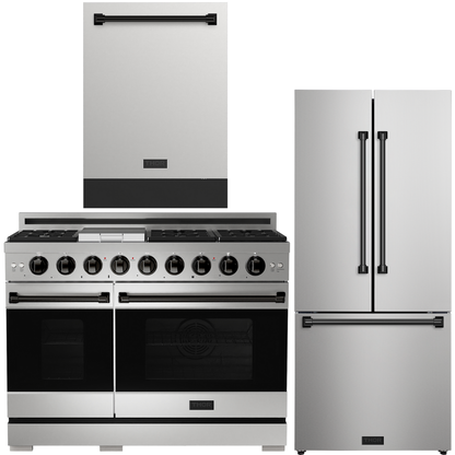 Gordon Ramsay by THOR Kitchen Package - 48" Gas Range, 30" Refrigerator with Ice Maker and Dishwasher in Stainless Steel with Black Accents, AP-RSG48E-BLK-1