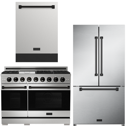 Gordon Ramsay by THOR Kitchen Package - 48" Gas Range, 36" Refrigerator with Ice Maker and Dishwasher in Stainless Steel with Black Accents, AP-RSG48E-BLK-2