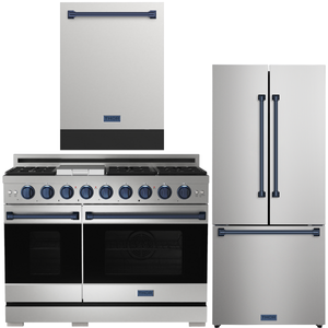 Gordon Ramsay by THOR Kitchen Package - 48" Gas Range, 30" Refrigerator with Ice Maker and Dishwasher in Stainless Steel with Navy Blue Accents, AP-RSG48E-BLU-1
