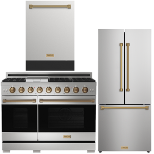 Gordon Ramsay by THOR Kitchen Package - 48" Gas Range, 30" Refrigerator with Ice Maker and Dishwasher in Stainless Steel with Bronze Accents, AP-RSG48E-BRZ-1