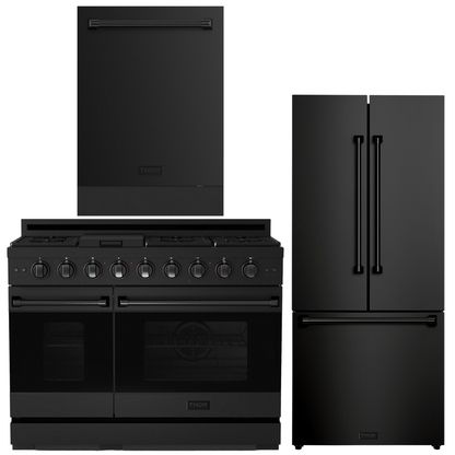 Gordon Ramsay by THOR Kitchen Package - 48" Gas Range, 30" Refrigerator with Ice Maker and Dishwasher in Black Matte with Black Accents, AP-RSG48EBLP-1