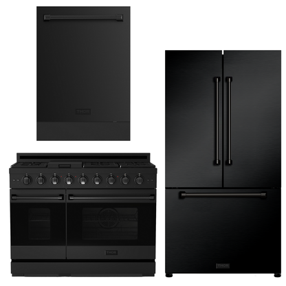 Gordon Ramsay by THOR Kitchen Package - 48" Gas Range, 36" Refrigerator with Ice Maker and Dishwasher in Black Matte with Black Accents, AP-RSG48EBLP-2