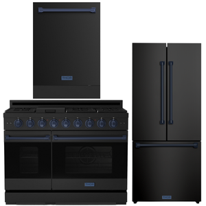 Gordon Ramsay by THOR Kitchen Package - 48" Gas Range, 30" Refrigerator with Ice Maker and Dishwasher in Black Matte with Navy Blue Accents, AP-RSG48EBLP-BLU-1