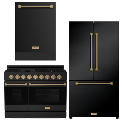 Gordon Ramsay by THOR Kitchen Package - 48" Gas Range, 36" Refrigerator with Ice Maker and Dishwasher in Black Matte with Bronze Accents, AP-RSG48EBLP-BRZ-2