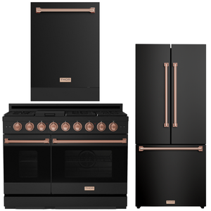 Gordon Ramsay by THOR Kitchen Package - 48" Gas Range, 30" Refrigerator with Ice Maker and Dishwasher in Black Matte with Rose Gold Accents, AP-RSG48EBLP-RSG-1