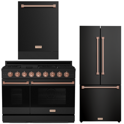 Gordon Ramsay by THOR Kitchen Package - 48" Gas Range, 30" Refrigerator with Ice Maker and Dishwasher in Black Matte with Rose Gold Accents, AP-RSG48EBLP-RSG-1