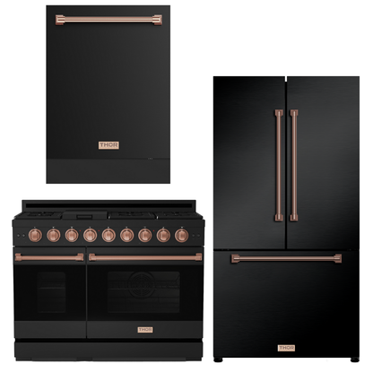 Gordon Ramsay by THOR Kitchen Package - 48" Gas Range, 36" Refrigerator with Ice Maker and Dishwasher in Black Matte with Rose Gold Accents, AP-RSG48EBLP-RSG-2
