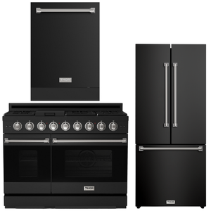 Gordon Ramsay by THOR Kitchen Package - 48" Gas Range, 30" Refrigerator with Ice Maker and Dishwasher in Black Matte with Stainless Steel Accents, AP-RSG48EBLP-SS-1